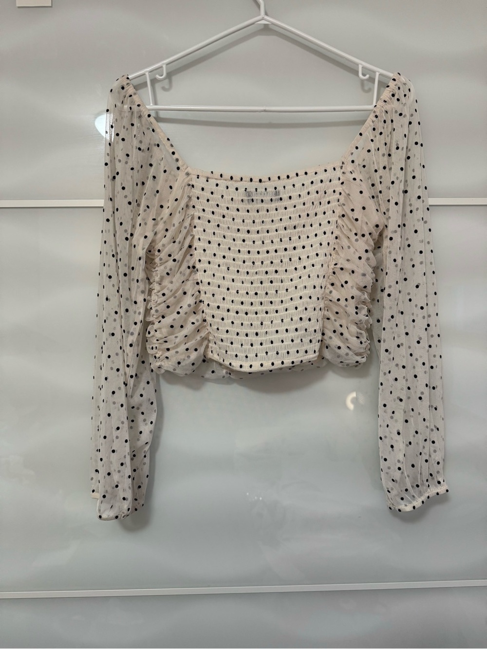 Swiss dot mesh tulle top corset ruched crop puff princess blouse L Cream white - Picture 2 of 3